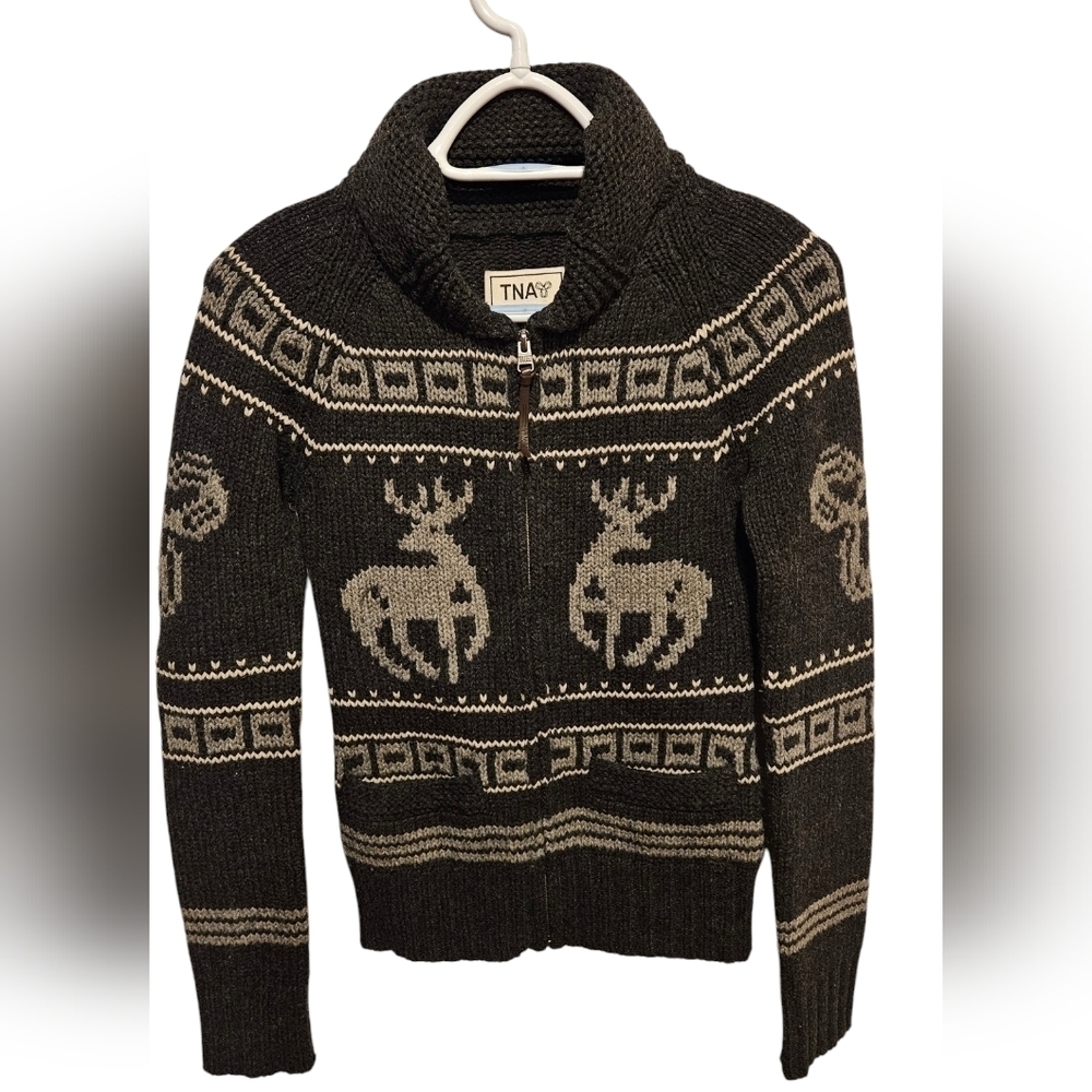 TNA Womens Aritzia Sea To Sky Cowichan Deer Knit Full Zip Sweater Black White XS